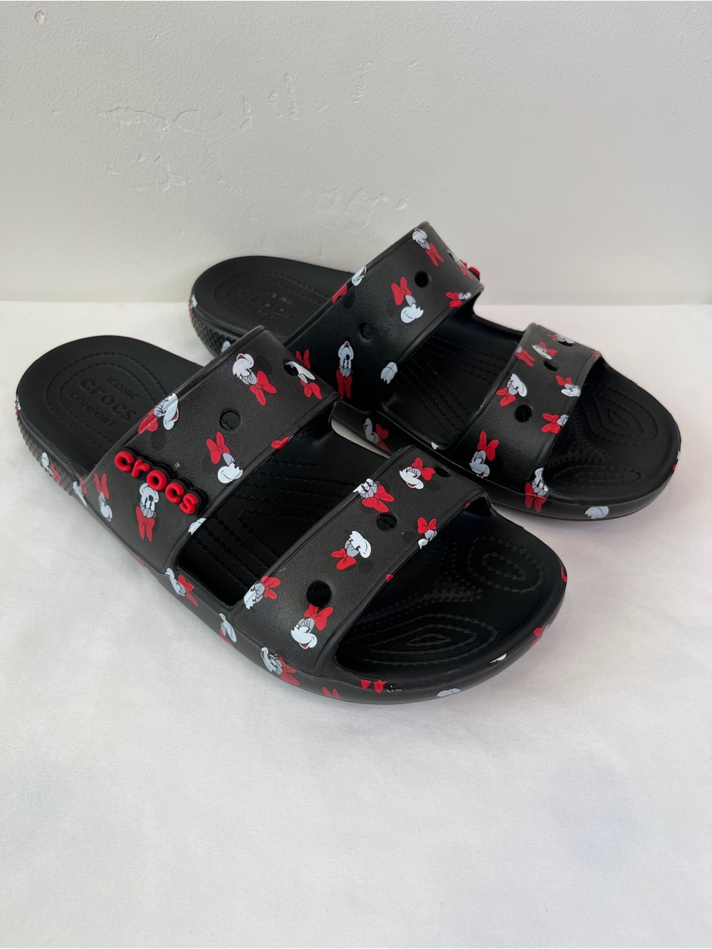 Disney Parks Exclusive Minnie Mouse Crocs 2 Strap Slides Black Red Women’s 12